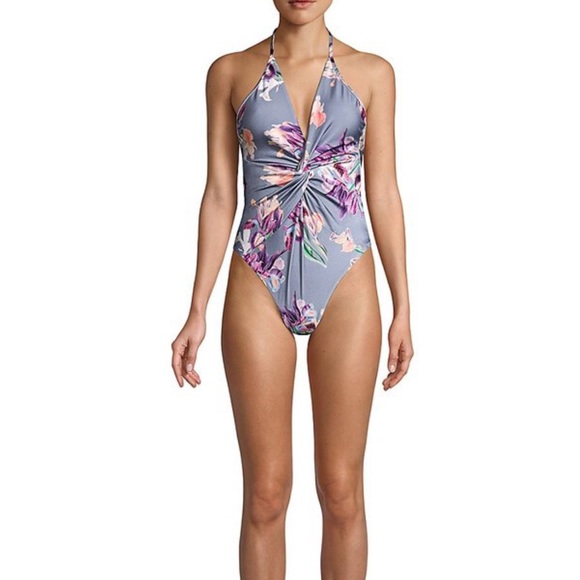 PatBO Grace Deep-V Halter One-Piece swim suit. Grey floral. Size large. - Picture 2 of 8